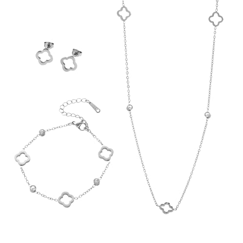 XFSRG 3 Stück Schmucksets Damen Durchbrochenes Vierblättriges Kleeblatt Schmuck Edelstahl Mode Festtagsgeschenk Jubiläumsgeschenk von XFSRG