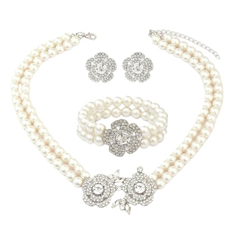 XFSRG 3 Stück Schmucksets für Damen Perlen Design Halskette Ohrringe Armband Elegantes Verstellbarer Modeschmuck Brautschmuck Hochzeit (D-125) von XFSRG