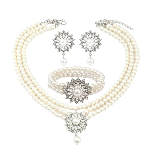 XFSRG 3 Stück Schmucksets für Damen Perlen Design Halskette Ohrringe Armband Elegantes Verstellbarer Modeschmuck Brautschmuck Hochzeit (D-129) von XFSRG