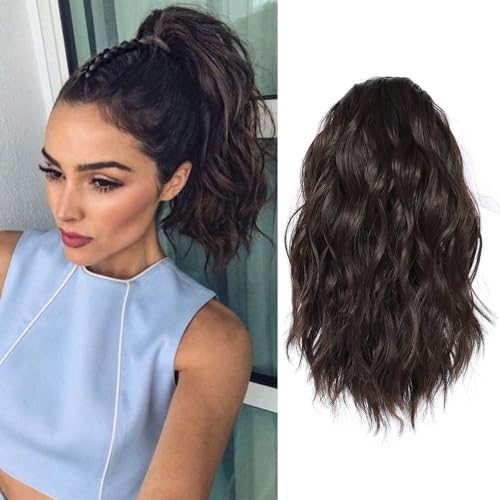 XFSRG 30 cm Pferdeschwanz Haarteil mit Kordelzug und welligem Design als Synthetische Haarextension für Damen zur Einfachen Verlängerung oder als Voluminöser Ponytail (Braun-Schwarz) von XFSRG
