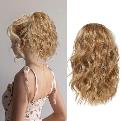XFSRG 30 cm Pferdeschwanz Haarteil mit Kordelzug und welligem Design als Synthetische Haarextension für Damen zur Einfachen Verlängerung oder als Voluminöser Ponytail (Gold) von XFSRG