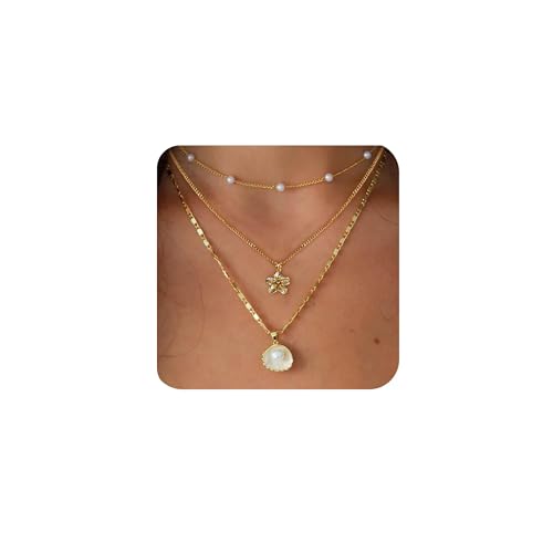 XFSRG 3Pcs Halskette Damen Gold Verstellbar Layering Kette 14k Goldkette Set mit Anhänger Boho Schmuck (Gold 1) von XFSRG