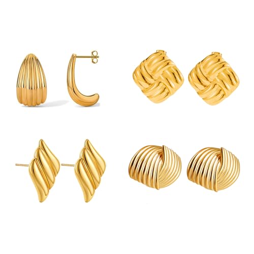 XFSRG Goldene Ohrringe Damen, 4 Paar Geflochtene Strukturierte Ohrstecker,Knoten Ohrringe, 14k Vergoldete Ohrring Schmuck Geschenk von XFSRG