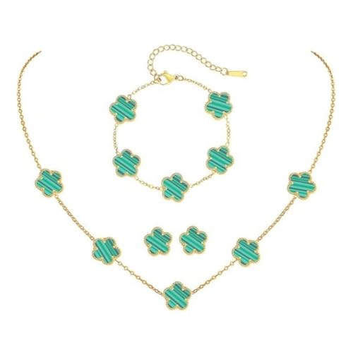 XFSRG 4 Pcs Vierblättriges Kleeblatt Schmuckset Vergoldet Halskette Ohrringe Armband Set Hypoallergenes Zierliche Fünfblättrigem Glücksklee Schmuck Geschenke（GrüN） von XFSRG