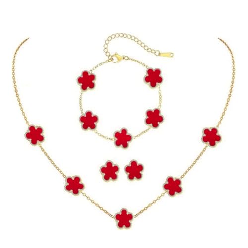 XFSRG 4 Pcs Vierblättriges Kleeblatt Schmuckset Vergoldet Halskette Ohrringe Armband Set Hypoallergenes Zierliche Fünfblättrigem Glücksklee Schmuck Geschenke（Rot） von XFSRG