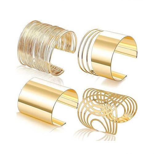XFSRG 4 Stück Armband Damen Manschette Armreif Set Breit Verstellbare Oberarmreif Damen Gold Armband Oberarm Schmuck, Perfekt für Jeden Anlass (Gold Set 2) von XFSRG