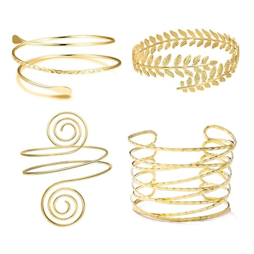 XFSRG 4 Stück Armband Damen Manschette Armreif Set Breit Verstellbare Oberarmreif Damen Gold Armband Oberarm Schmuck, Perfekt für Jeden Anlass (Gold Set 5) von XFSRG