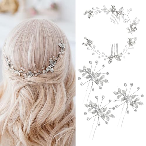 XFSRG 4 Stück Braut Haarkamm U-förmig Braut Haarnadeln Seitlicher Haarkamm mit Kristallperlen und Strass für Frauen und Mädchen (Silber) von XFSRG