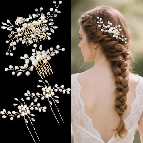 XFSRG 4 Stück Braut-Haarkamm mit Kristallperlen und Strass-Haarnadeln Handgefertigte Hochzeits Haaraccessoires für Bräute Brautjungfrauen (Gold) von XFSRG