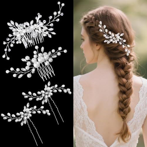 XFSRG 4 Stück Braut-Haarkamm mit Kristallperlen und Strass-Haarnadeln Handgefertigte Hochzeits Haaraccessoires für Bräute Brautjungfrauen (Silber) von XFSRG