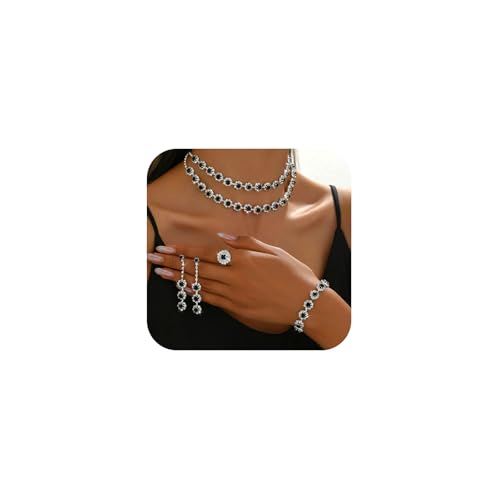 XFSRG 4 Stück Brautschmuck Set Abend Rhinestone Schmuck Mehrreihige Halskette Ohrringe Armband Ring Set Hochzeitstag Geschenke für Braut Frauen（Schwarz） von XFSRG