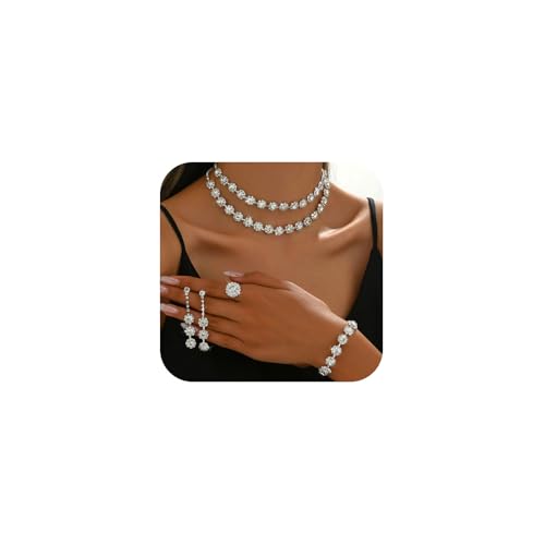 XFSRG 4 Stück Brautschmuck Set Abend Rhinestone Schmuck Mehrreihige Halskette Ohrringe Armband Ring Set Hochzeitstag Geschenke für Braut Frauen（Weiß） von XFSRG