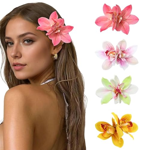XFSRG 4 Stück Haarspangen Damen mit Hawaiiblumen Eleganter Orchideenblüten Rutschfester Künstlichen Blumen Clips für Hochzeiten Brautsträuße(Multicolour A) von XFSRG