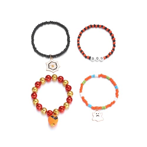 XFSRG 4 Stück Halloween Armband Perlen Geister Fledermaus Anhänger Armbänder Set Modisch und Raffiniert für Partys Cosplay und Feierlichkeiten von XFSRG