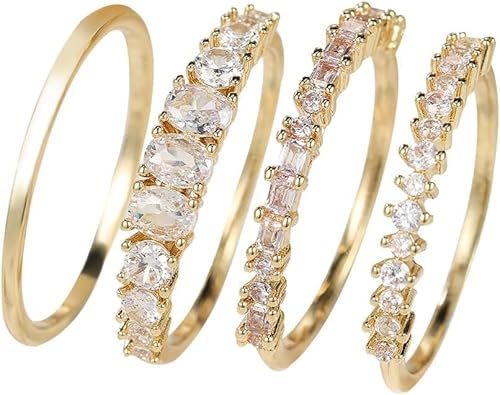 XFSRG 4 Stück Zarte Kristall Ringe Set Stapelbar Schmale Ewigkeitsringe Glänzende Zirkonia Damenringe Schmuckset von XFSRG