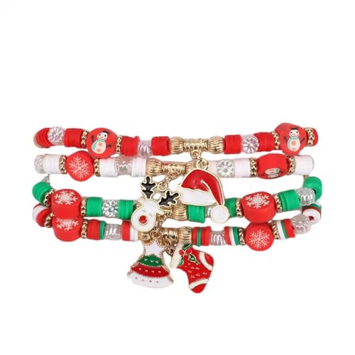 XFSRG 4 Stück Weihnachtsarmband Damen Bunte Perlen Elch Weihnachtsmann Anhänger Armband Exquisit und Niedlich Modisches Accessoire von XFSRG