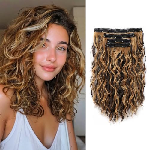XFSRG 4PCs Clip in Extensions Wellige Clip in Haarverlängerungen Natürliches Synthetik Gewellt Haarteil Haarextension für Damen 35 cm (Hellbraun) von XFSRG