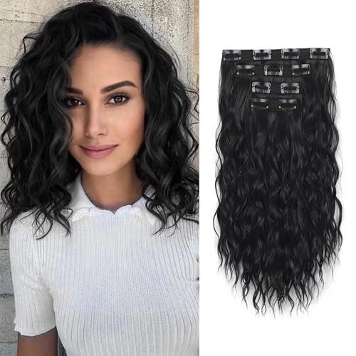XFSRG 4PCs Clip in Extensions Wellige Clip in Haarverlängerungen Natürliches Synthetik Gewellt Haarteil Haarextension für Damen 35 cm (Schwarz) von XFSRG