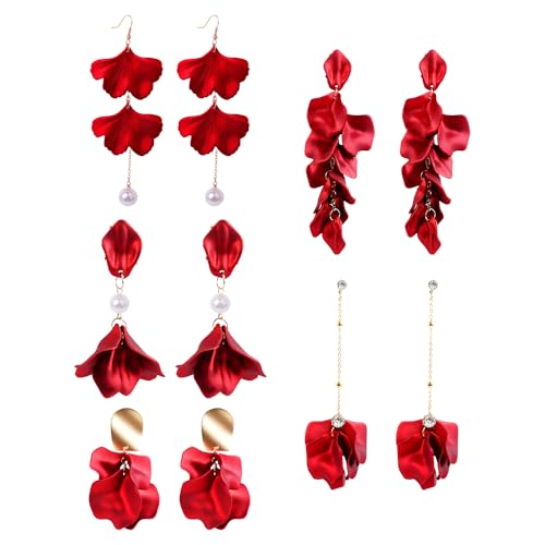 XFSRG 5 Paar Ohrringe Damen Elegant Red Petal Pendant Ohrringe Quasten Auffällige Persönlichkeit für Verabredungen Festlichkeiten und Bankette von XFSRG