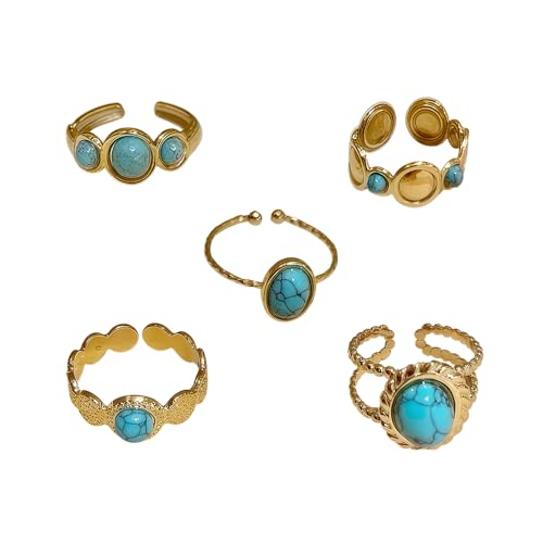 XFSRG 5 Stück Boho Ring Gold Damen mit Ovalen türkisen Edelstein Wasserfest Stapelbar Ring Set Hypoallergen Geschenk Damen Schmuck von XFSRG