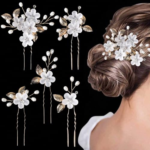 XFSRG 5 Stück Braut Haarkamm Haarklammer mit Blumen-Motiv U-förmig Braut Haarnadeln mit Kristallperlen und Strass-Haarnadeln für Bräute Brautjungfrauen (Gold) von XFSRG