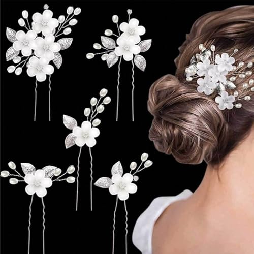 XFSRG 5 Stück Braut Haarkamm Haarklammer mit Blumen-Motiv U-förmig Braut Haarnadeln mit Kristallperlen und Strass-Haarnadeln für Bräute Brautjungfrauen (Silber) von XFSRG