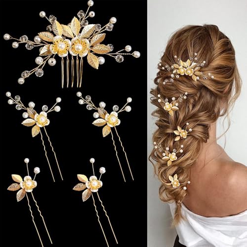 XFSRG 5 Stück Braut Haarkamm Perlen-Rhinestone-Blatt-Kopfband Kristall-Blatt-Haarspangen U-förmig Braut Haarnadeln für Frauen Mädchen (Gold) von XFSRG