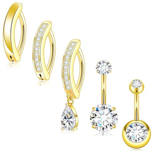XFSRG 5 pcs Bauchnabelpiercing Set aus Edelstahl mit Zirkonia Glamouröse Piercing Bauchnabel Schmuck Damen Perfekt für Strand und Sommer（Gold） von XFSRG