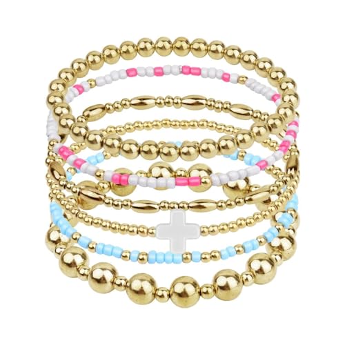 XFSRG 6 Stück Armband Damen Set Verstellbar Stapelbar Boho Gold Sommer Strand Armband für Frauen Mädchen Hypoallergenes Schmuckstück (Gold B) von XFSRG