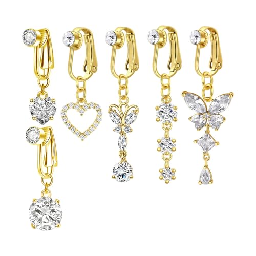 XFSRG 6 Stück Fake Bauchnabelpiercing Clip-On Bauchnabelringe Kupfer Hypoallergene Fake Bauchnabel Piercing Hängend Herz Schmetterling für Frauen (Gold) von XFSRG
