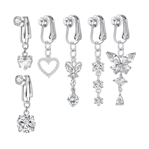 XFSRG 6 Stück Fake Bauchnabelpiercing Clip-On Bauchnabelringe Kupfer Hypoallergene Fake Bauchnabel Piercing Hängend Herz Schmetterling für Frauen (Silber) von XFSRG