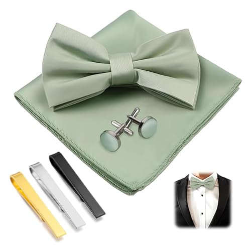 XFSRG 6 Stück Fliegen Herren mit Taschentuch Manschettenknöpfe Krawattenklammer Set Stilvollen Vorgebundene Schleife für Hochzeit Festliche Anlässe(Grün) von XFSRG