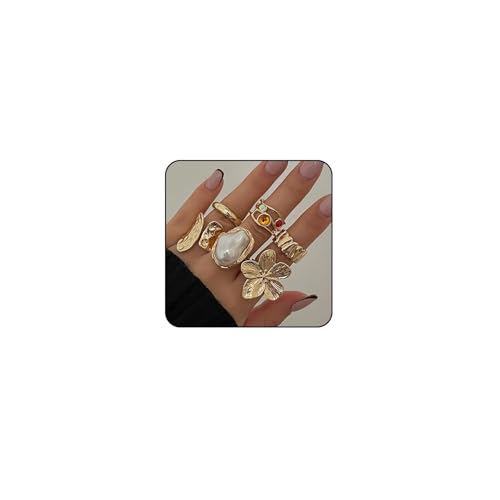 XFSRG 6 Stück Ring Damen Übertrieben Blumen Perle Niedrige Allergie Modeaccessoires Geeignet für den Alltag Dating und Fotografieren von XFSRG