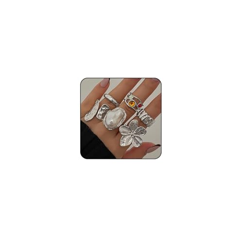 XFSRG 6 Stück Ring Damen Übertrieben Blumen Perle Niedrige Allergie Modeaccessoires Geeignet für den Alltag Dating und Fotografieren von XFSRG