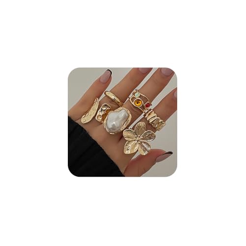 XFSRG 6 Stück Set Klobige Ringe für Damen Vintage Offene Statementringe Stapelbar und Anlaufgeschützt mit Blumen und Perlen Design Ideales Sommerschmuck Geschenk (Gold) von XFSRG