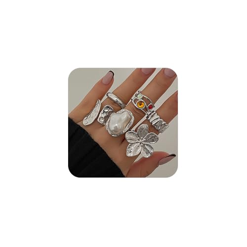 XFSRG 6 Stück Set Klobige Ringe für Damen Vintage Offene Statementringe Stapelbar und Anlaufgeschützt mit Blumen und Perlen Design Ideales Sommerschmuck Geschenk (Silber) von XFSRG