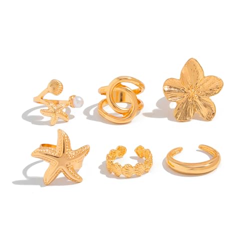 XFSRG 6 Stück goldene Chunky Ringe Set für Damen in 14k Goldplattierung als trendige dicke Dome Ringe zum Stapeln oder einzeln tragen stylische Looks Muschelmuster (Gold) von XFSRG
