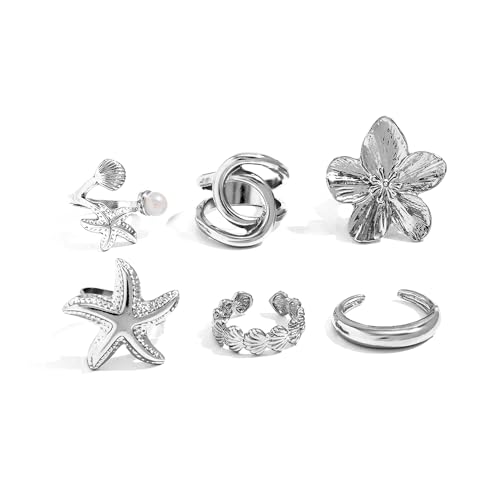 XFSRG 6 Stück goldene Chunky Ringe Set für Damen in 14k Goldplattierung als trendige dicke Dome Ringe zum Stapeln oder einzeln tragen stylische Looks Muschelmuster (Silber) von XFSRG