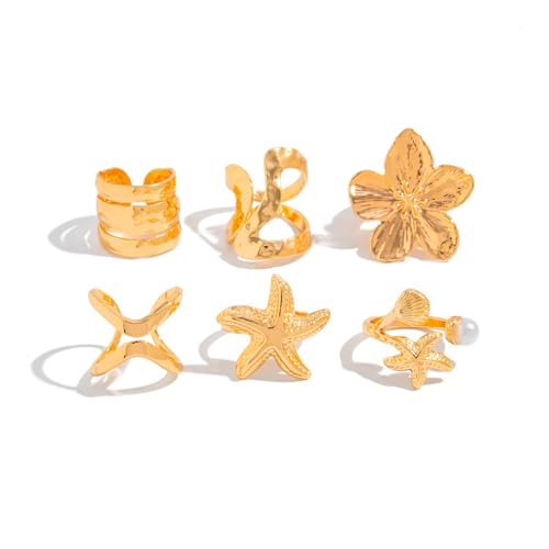 XFSRG 6 Stück goldene Chunky Ringe Set für Damen in 14k Goldplattierung als trendige dicke Dome Ringe zum Stapeln oder einzeln tragen stylische Looks Seesternmuster (Gold) von XFSRG