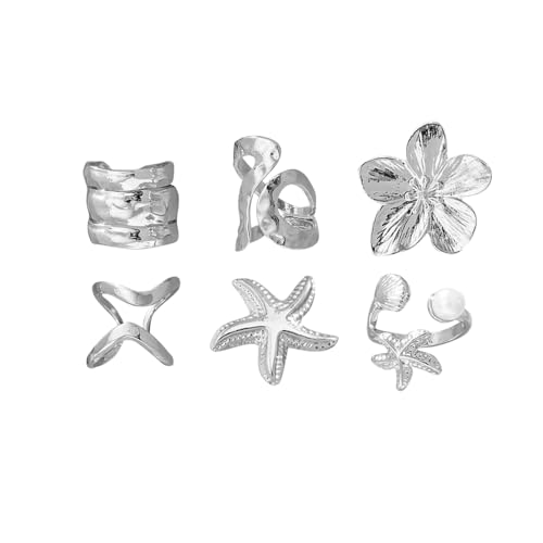 XFSRG 6 Stück goldene Chunky Ringe Set für Damen in 14k Goldplattierung als trendige dicke Dome Ringe zum Stapeln oder einzeln tragen stylische Looks Seesternmuster (Silber) von XFSRG