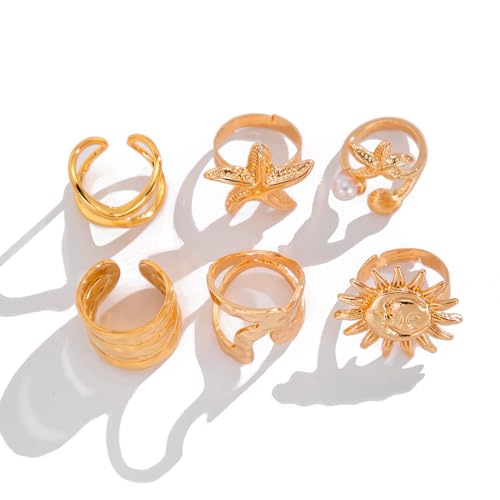 XFSRG 6 Stück goldene Chunky Ringe Set für Damen in 14k Goldplattierung als trendige dicke Dome Ringe zum Stapeln oder einzeln tragen stylische Looks Sonnenmuster (Gold) von XFSRG
