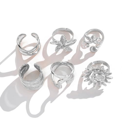 XFSRG 6 Stück goldene Chunky Ringe Set für Damen in 14k Goldplattierung als trendige dicke Dome Ringe zum Stapeln oder einzeln tragen stylische Looks Sonnenmuster (Silber) von XFSRG