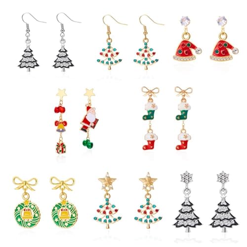 XFSRG 8 Paare Weihnachten Ohrringe Set Baumeln Ohrringe Schneemann Weihnachtsmann Glocken Kranz Weihnachtsbaum Ohrstecker Ideal als Geschenk oder für den Eigenen Weihnachtsschmuck von XFSRG