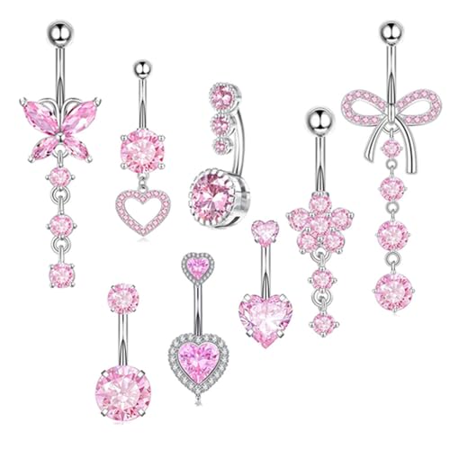 XFSRG 8 Stück 14G Bauchnabelpiercing Damen Edelstahl Hypoallergene Piercing Bauchnabel Clicker Lang Belly Piercing Set für Frauen (Rosa) von XFSRG