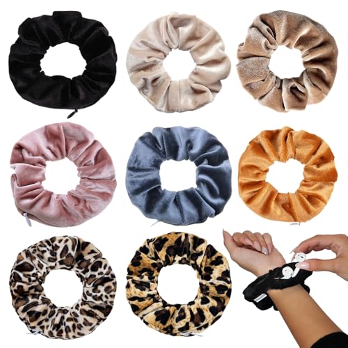 XFSRG 8 Stück Scrunchies Haargummi Damen, Samt Haargummi mit Reißverschluss Elastische Zopfgummis mit Geheimfach Invisibobble Scrunchie für Mädchen & Frauen (Set 1) von XFSRG