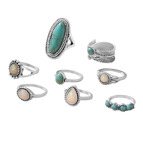 XFSRG 8 Stück Türkis Ringe Damen Retro Stil Ring Set Modisch und Individuell für den Alltag Partys und Musikfestivals von XFSRG