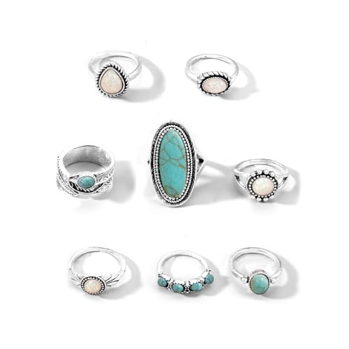 XFSRG 8 Stück Türkis Ringe Damen Retro Stil Ring Set Modisch und Individuell für den Alltag Partys und Musikfestivals von XFSRG