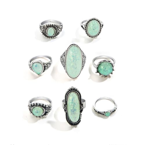 XFSRG 8 Stück Türkis Ringe Damen Retro Stil Ring Set Modisch und Individuell für den Alltag Partys und Musikfestivals von XFSRG