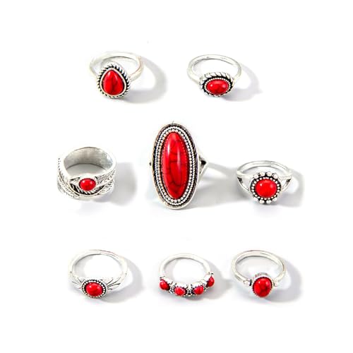 XFSRG 8 Stück Türkis Ringe Damen Retro Stil Ring Set Modisch und Individuell für den Alltag Partys und Musikfestivals von XFSRG