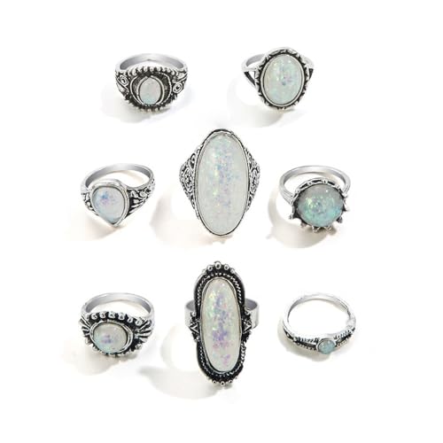 XFSRG 8 Stück Türkis Ringe Damen Retro Stil Ring Set Modisch und Individuell für den Alltag Partys und Musikfestivals von XFSRG